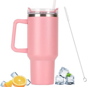 Arzu Heaven 40 oz Tumbler with Handle and Straw - Stainless Steel Vacuum Insulated Cup for Travel Coffee - Reusable Mug with Lid (PINK)